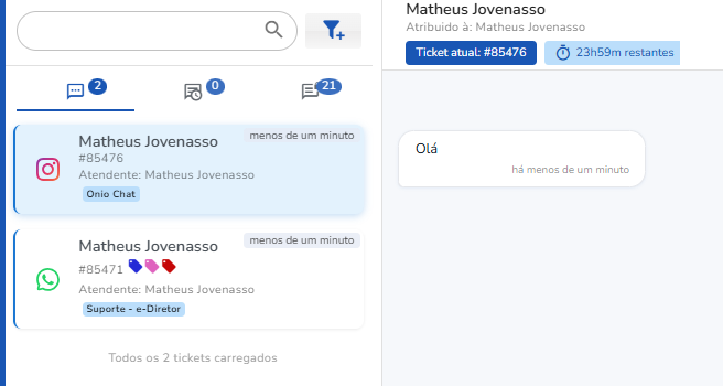 Interface de chat unificado da plataforma on.io com lista de tickets e conversa ativa